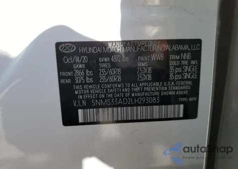 2020 Hyundai Santa Fe Sel из США, поврежденный, VIN 5NMS33AD2LH293083